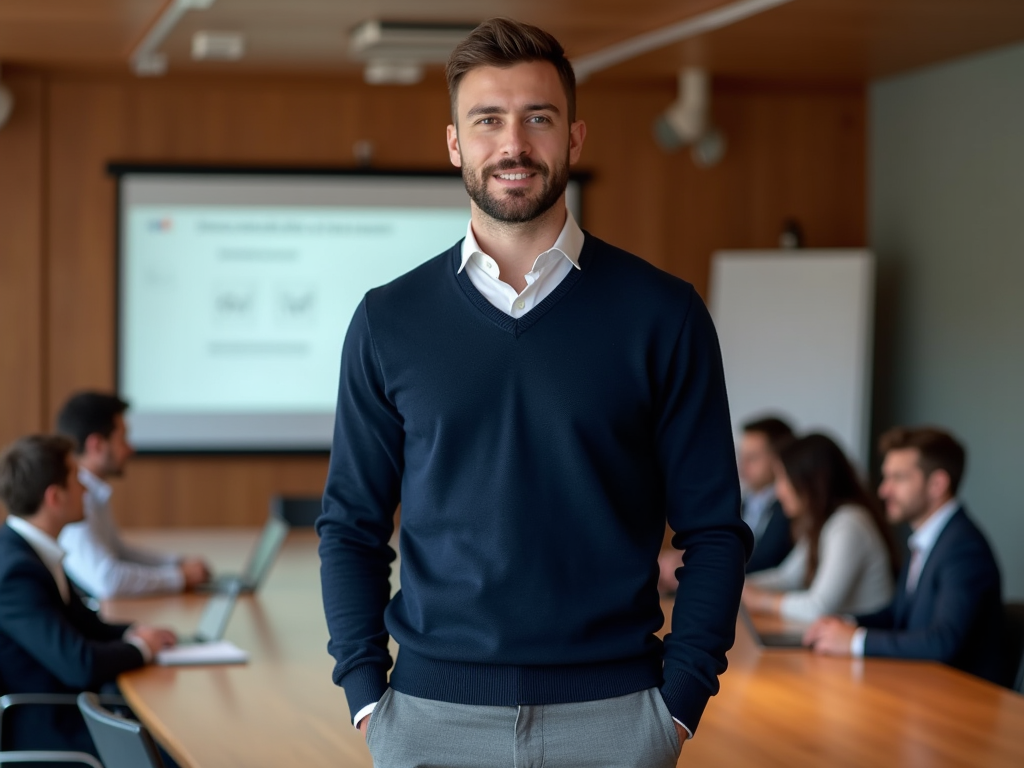 Mężczyzna w granatowym swetrze stoi w sali konferencyjnej, tło z ludźmi przy laptopach.